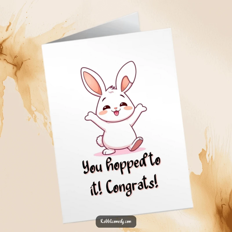 Funny Free Printable Congratulations Card showing a happy rabbit performing a hilarious wiggly dance with its ears.