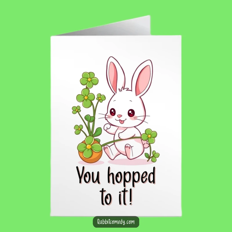Free Printable Congrats Card: Playful Rabbit Chasing Clover downloadable gift!