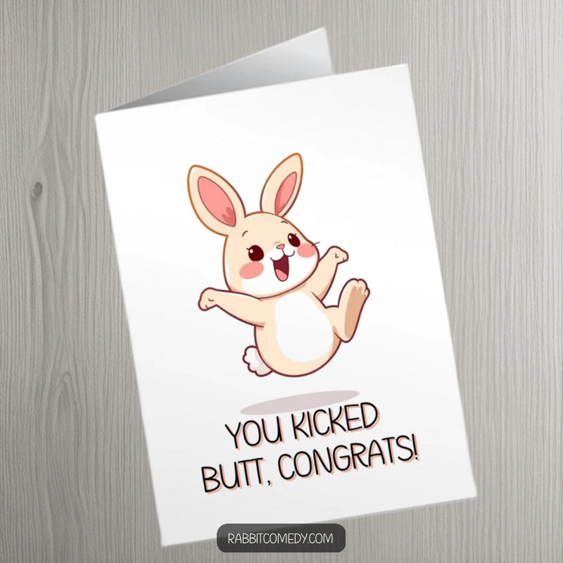 Funny Free Printable Congratulations Card: A rabbit kicks its hind legs joyfully, celebrating success. Downloadable fun.