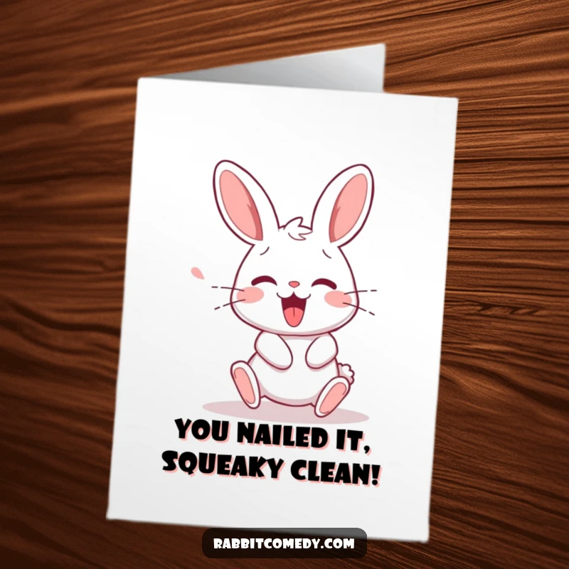Funny free printable congratulations card featuring a rabbit character stumbling then recovering with a happy squeak, celebrating their win.