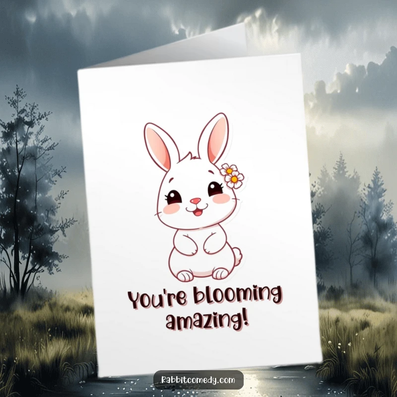 Free Printable Congrats Card: A rabbit with a daisy behind its ear smiles sweetly, offering gentle congratulations.