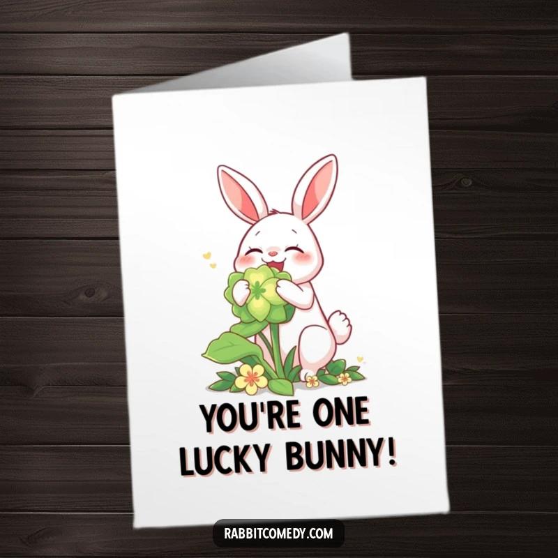 Funny Free Printable Congrats Card: A rabbit character joyfully eating a large, luminous clover.