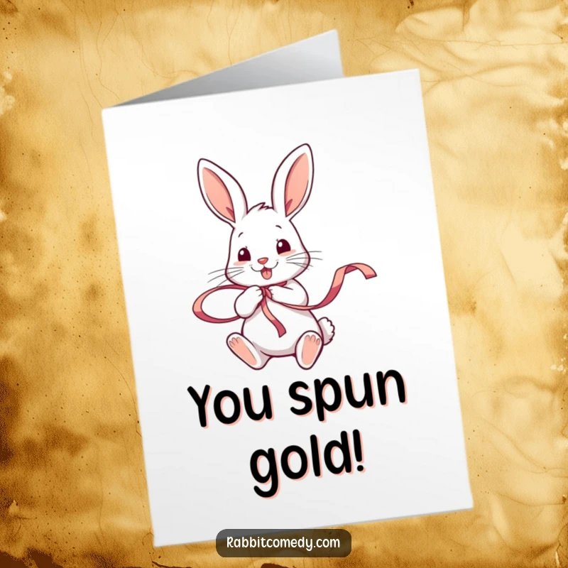 Funny Free Printable Congratulations Card: A joyful rabbit energetically twirling a bright, colorful ribbon with its front paws.