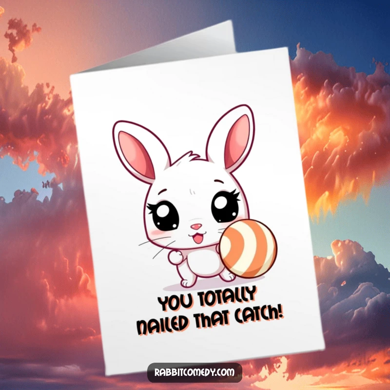 Funny Free Printable Congratulations Card: Agitated rabbit with wide eyes focused on a bouncing striped ball, ready for action.
