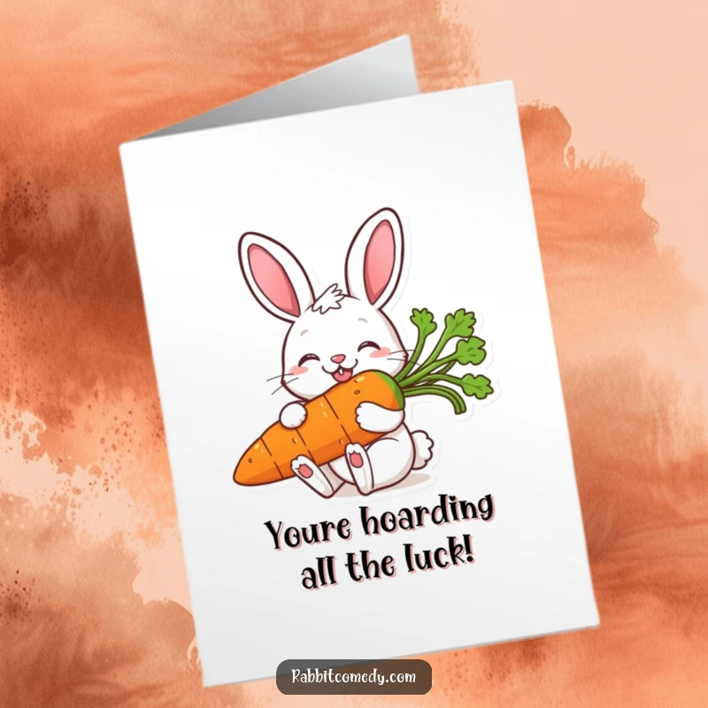 Funny Free Printable Congrats Card: A delighted rabbit celebrates a big win by happily munching a giant carrot.