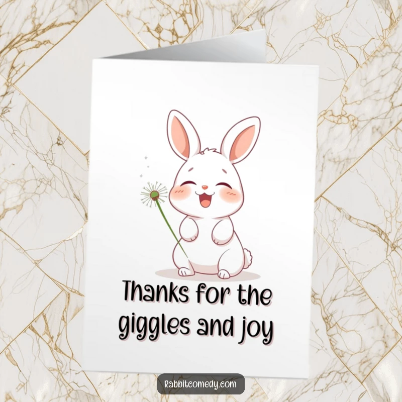Funny Free Printable Thank You Card: A rabbit bursts into laughter as a soft dandelion puff tickles its face.