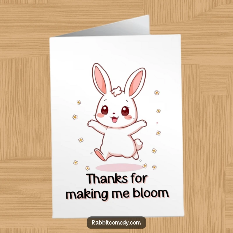 Funny Free Printable Thank You Card: A rabbit character joyfully jumps, scattering a flurry of tiny, delicate flowers.