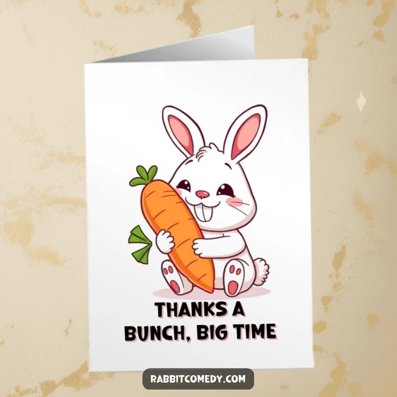 Funny Free Printable Thank You Card: A rabbit character with an enormous grin joyfully presents a giant, smiling carrot.