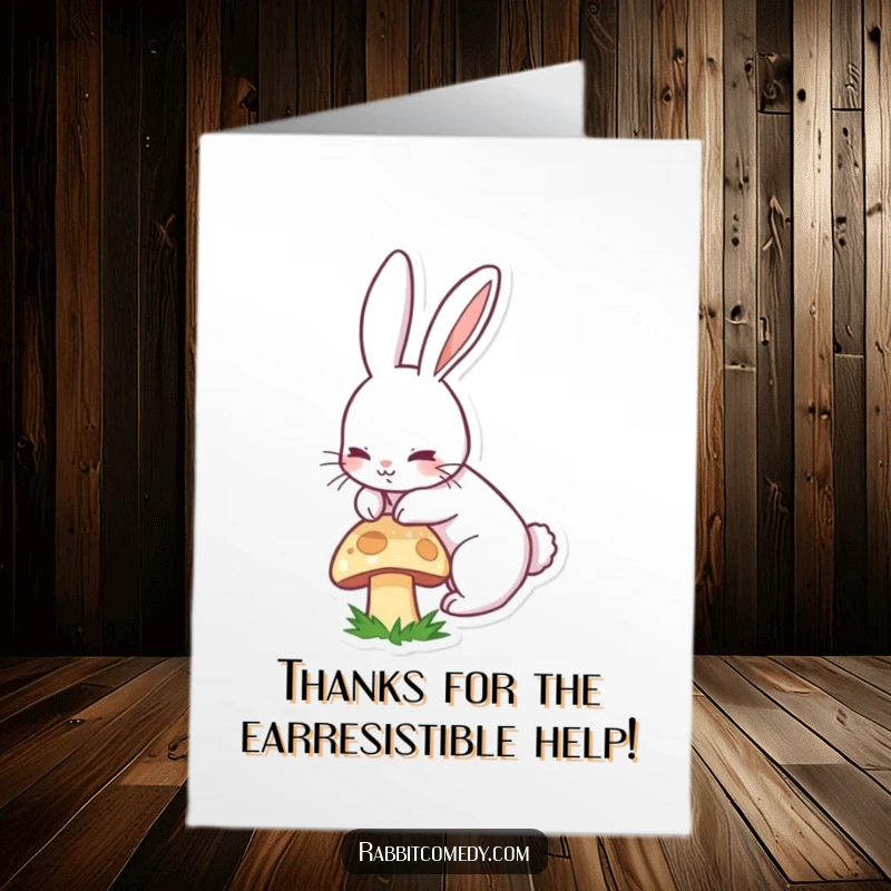 Funny Free Printable Thank You Card: Goofy rabbit boinging over a mushroom, conveying thanks with pure joy. A memorable downloadable greeting.