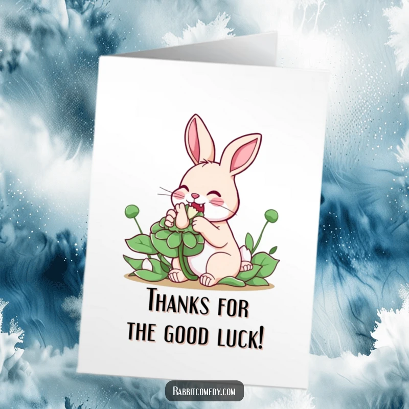 Funny Free Printable Thank You Card: A rabbit enjoys a giant clover, expressing thankful delight. Sweet and charming.