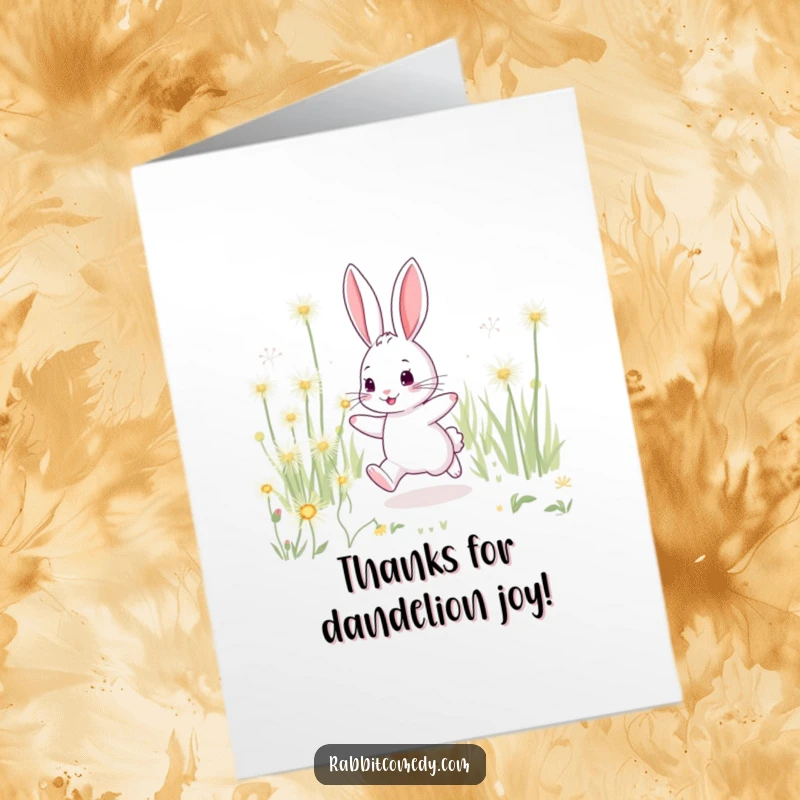 Funny Free Printable Thank You Card: A rabbit cartoon character playfully hopping through a field of huge, sparkling dandelions.