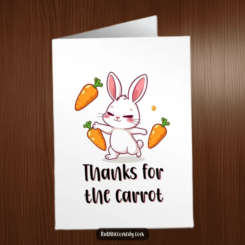Funny free printable thank you card of a rabbit character playfully juggling three bright, shiny carrots with a determined, squinting expression.
