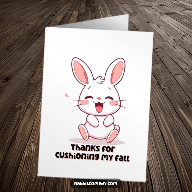 Funny free printable thank you card depicting a rabbit character stumbling comically and letting out a delighted squeak, full of charm.