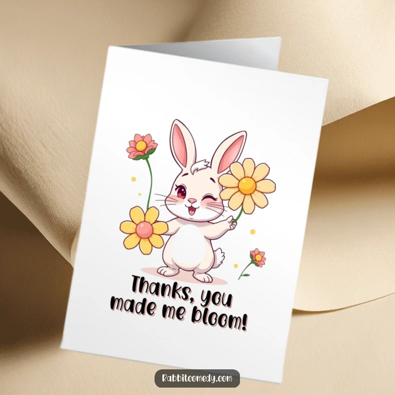 Funny Free Printable Thank You Card: A mischievous rabbit winks as it juggles a colorful assortment of large flowers.