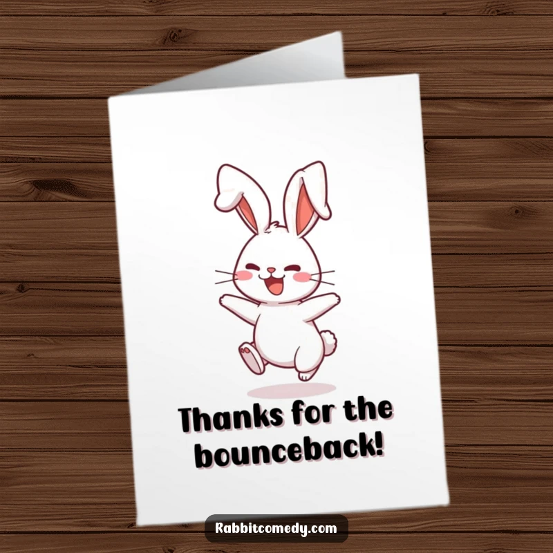 Funny free printable thank you card depicting a rabbit character playfully bouncing, its ears flopping comically with gratitude.