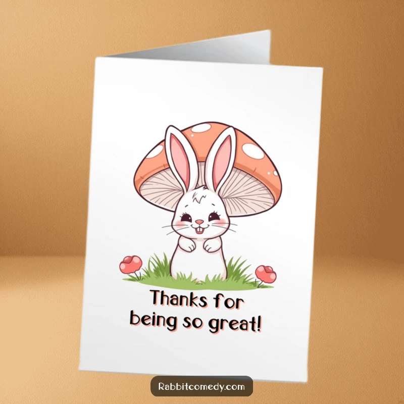 Funny Free Printable Thank You Card: A rabbit with a mischievous grin peeking from behind a striped mushroom.