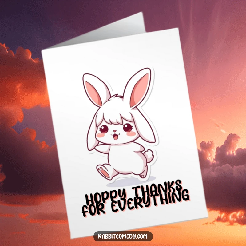 Funny Free Printable Thank You Card: A happy rabbit character joyfully hopping, its long ears flopping adorably with each bounce.