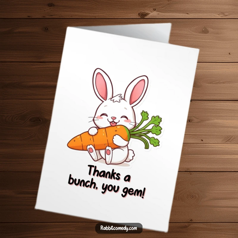 Funny Free Printable Thank You Card: A smiling rabbit offers a giant carrot as a token of thanks.