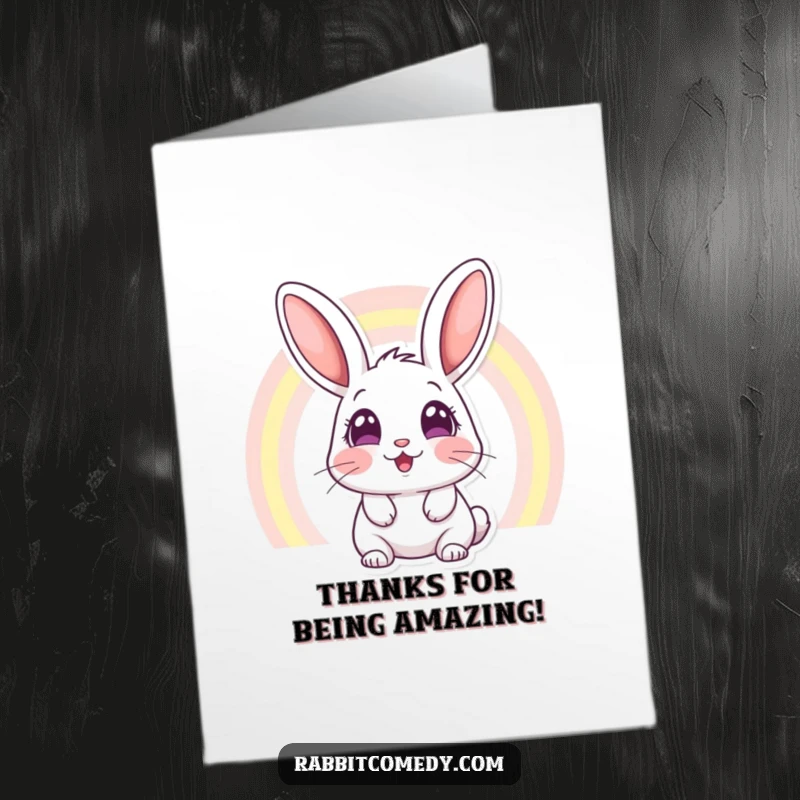 Funny Free Printable Thank You Card: An astonished rabbit is captivated by a colorful rainbow, expressing heartfelt thanks.