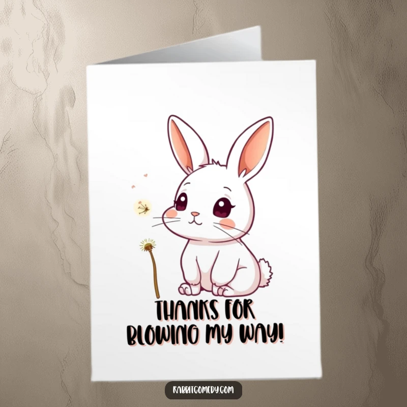 Free Printable Thank You Card: A rabbit sits attentively, curiously observing a single dandelion seed drifting on the breeze.