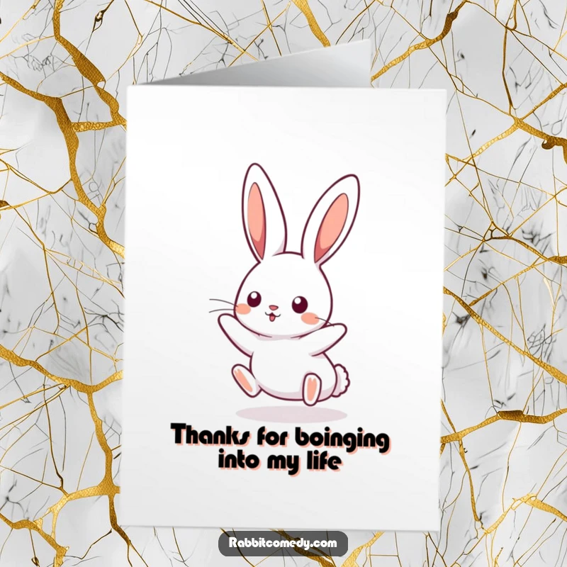 Funny Free Printable Thank You Card: A kawaii rabbit with long ears perked, playfully boinging mid-air, saying thank you.