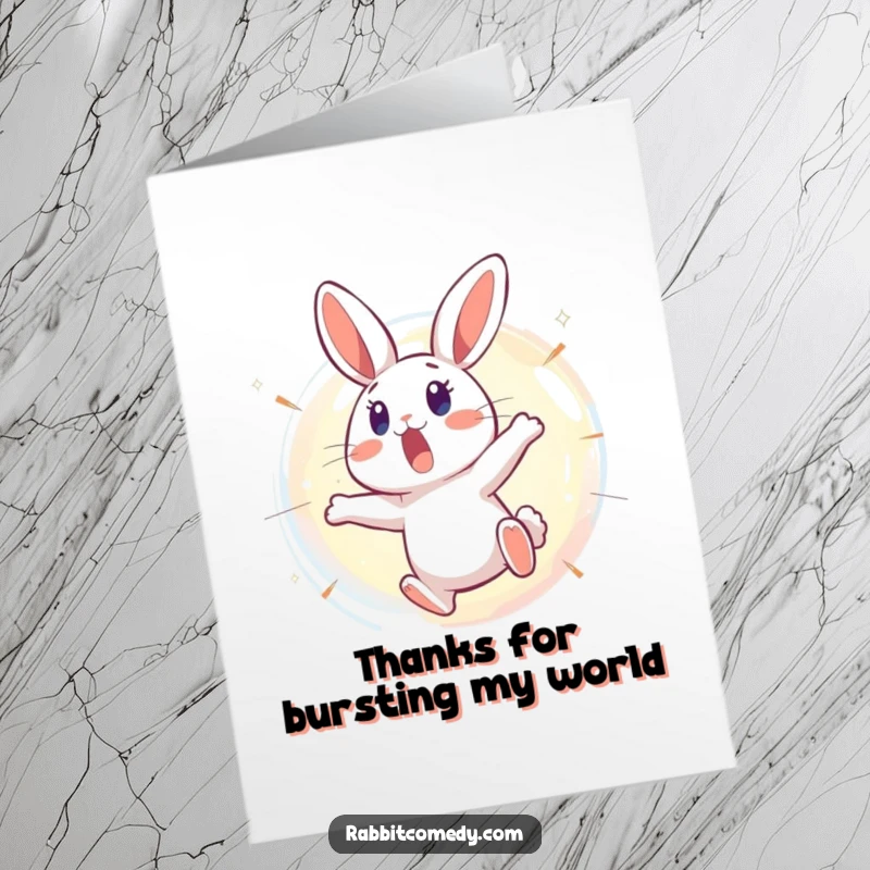 Funny Free Printable Thank You Card: A surprised rabbit character recoiling from a bursting, shimmering bubble, a comical thank you.
