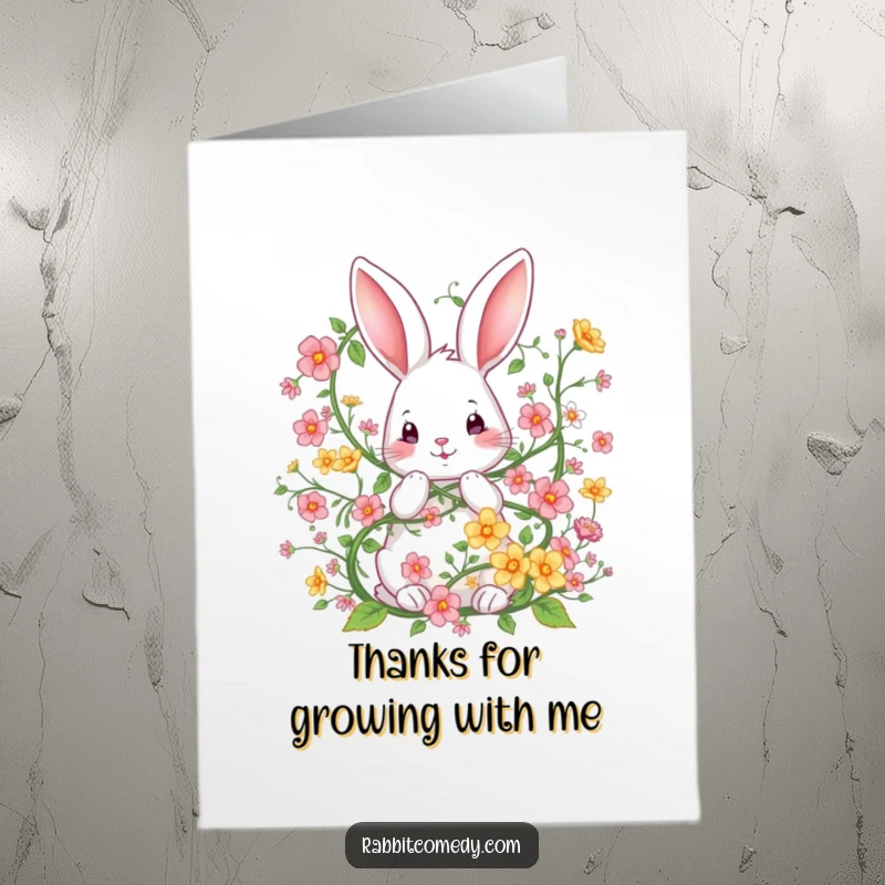 Funny Free Printable Thank You Card: A happy rabbit is playfully tangled in blooming flowers, a cute DIY thank you gift.