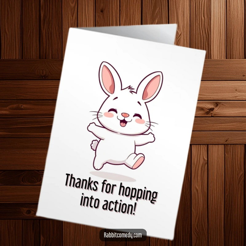 Funny Free Printable Thank You Card: A rabbit with a twitching nose mid-hop, full of energy and thanks. A delightful downloadable greeting.
