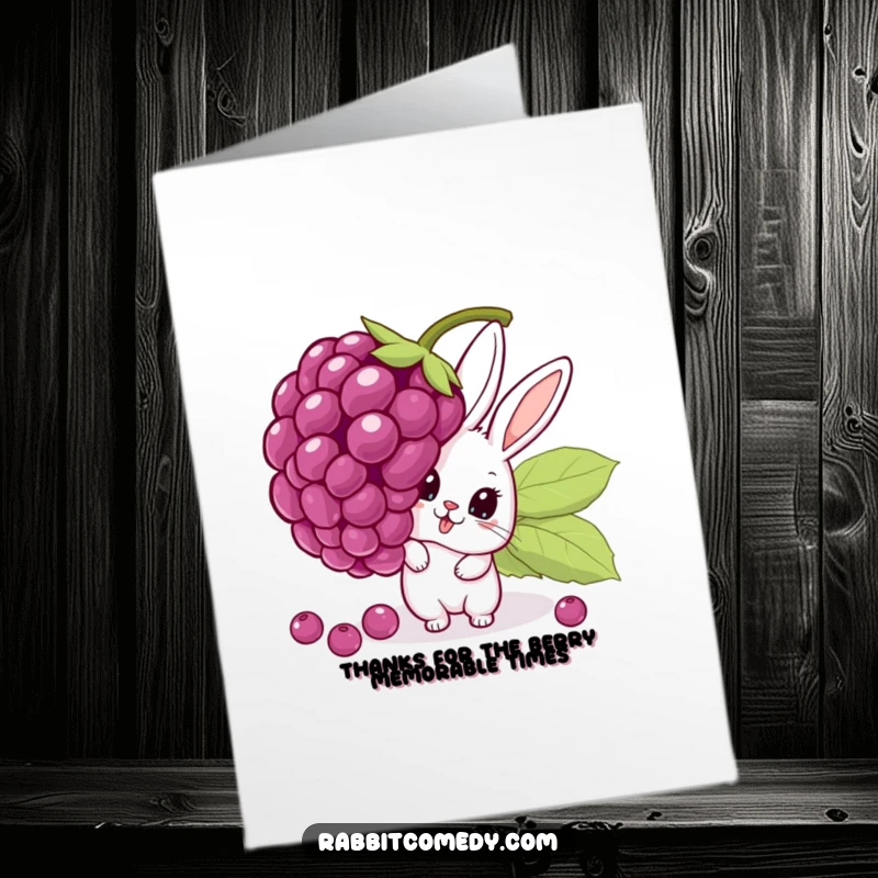 Funny free printable thank you card: A rabbit peeps from a giant, unsteady berry.