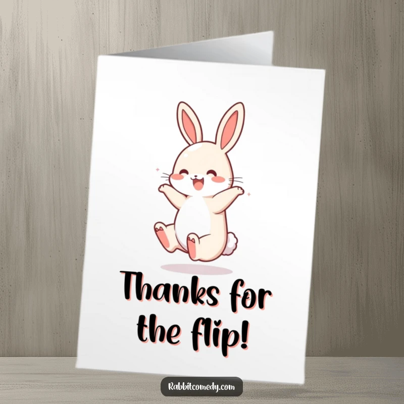 Funny Free Printable Thank You Card: A rabbit joyfully tumbles, tail bouncing, conveying thanks with playful energy. Delightful.