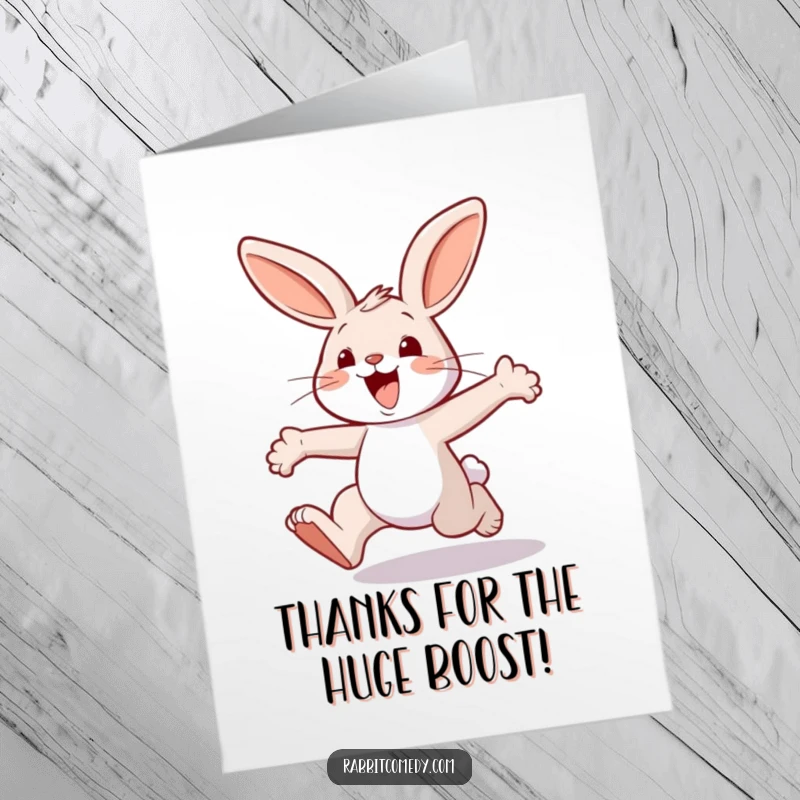 Funny Free Printable thank you card featuring a rabbit character joyfully hopping with big, enthusiastic, exaggerated leaps.