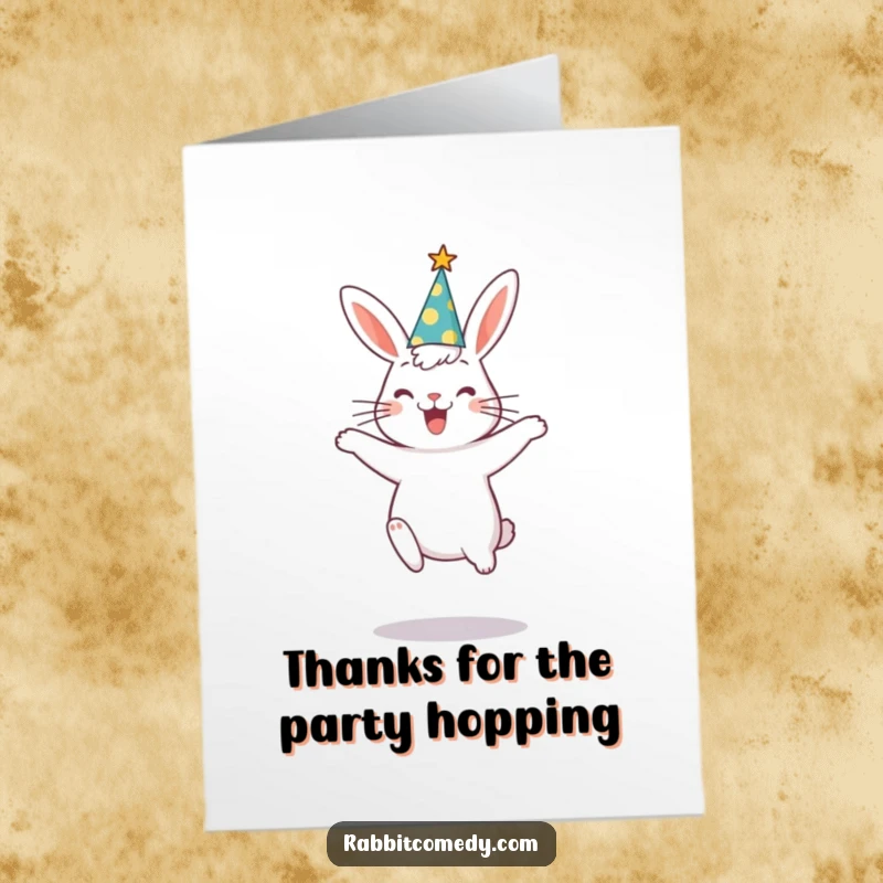 Funny free printable thank you card with a rabbit in a party hat performing a silly jump, conveying thanks with zest.