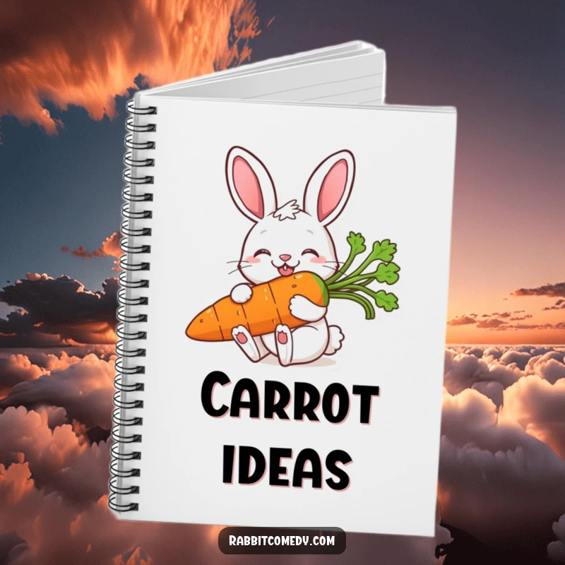 Funny notebook cover with a delighted rabbit beaming while nibbling on an enormous, vibrant carrot, ready for your notes.