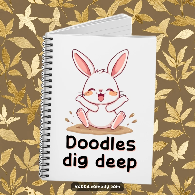 Funny Notebook featuring a rabbit character joyfully digging with its hind legs kicking up, perfect for jotting down energetic ideas.