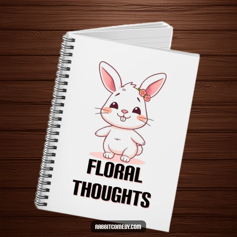 Funny rabbit notebook cover with a goofy rabbit wearing a flower crown, twirling with humorous delight.