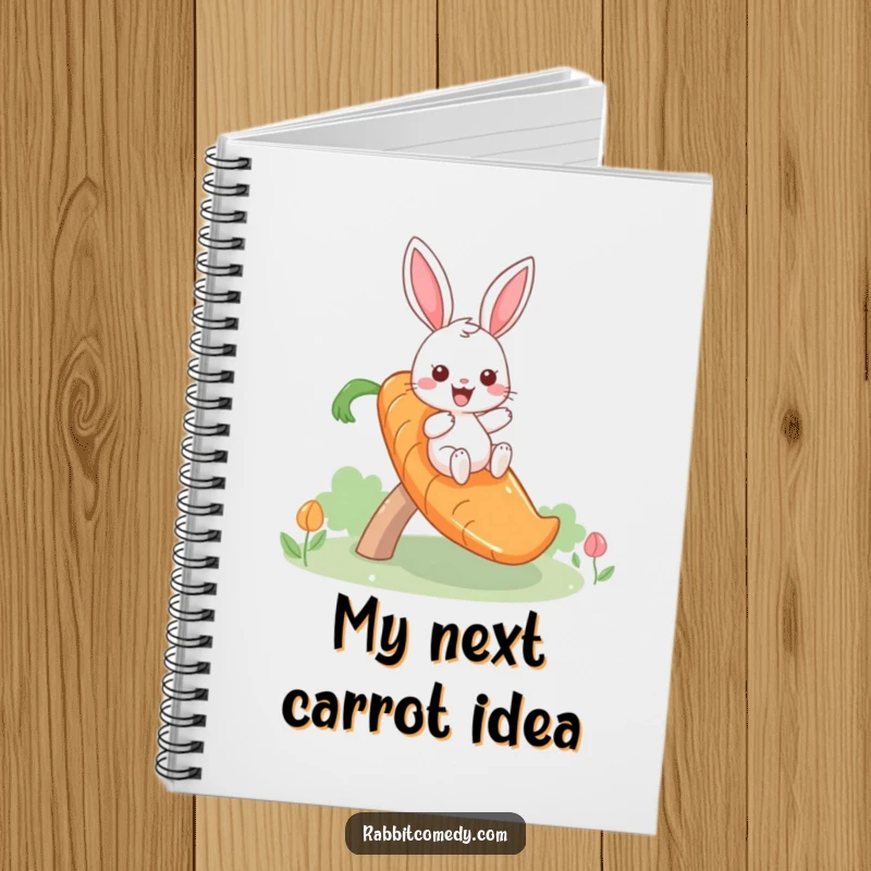 Funny notebook featuring a giddy rabbit sliding down a carrot slide, ideal for jotting down thoughts with a dose of humor.