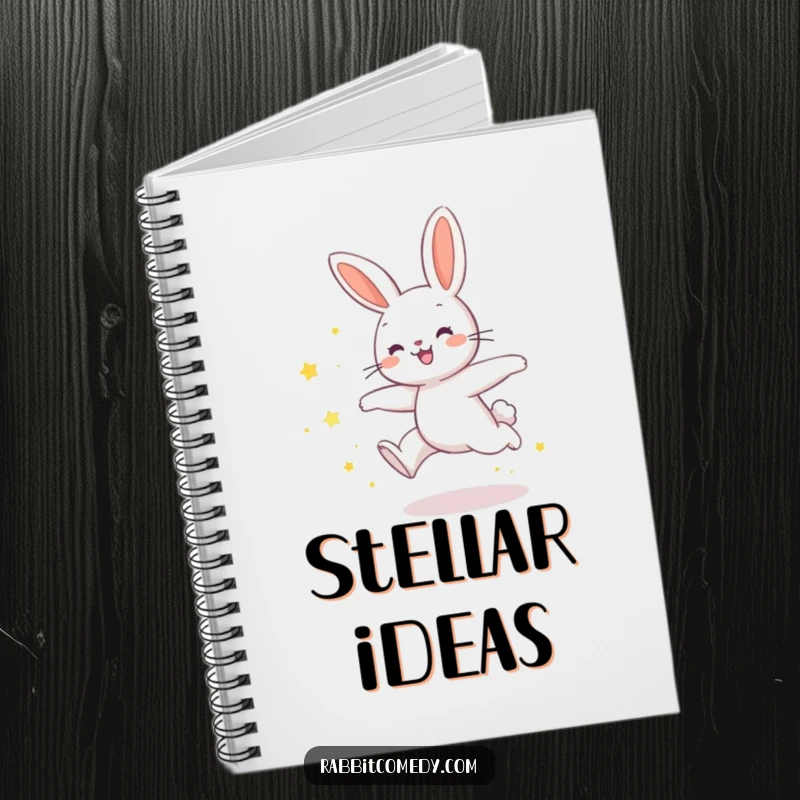 Funny rabbit notebook cover with a rabbit joyfully leaping, leaving a trail of shimmering star dust, inspiring humorous magic.