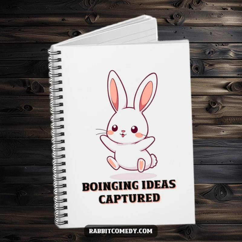 Funny kawaii rabbit notebook, featuring a cute bunny boinging mid-air, perfect for notes and creative ideas.
