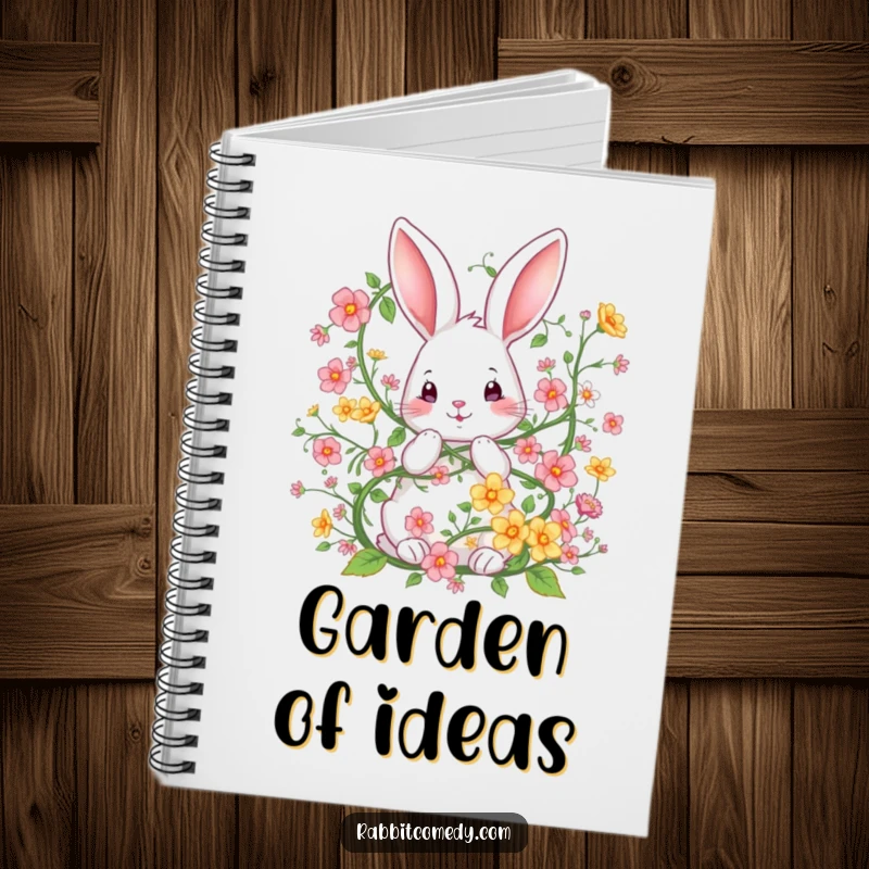 Funny notebook cover depicting a rabbit playfully entangled in a whimsical vine of flowers, designed for jotting down creative thoughts.