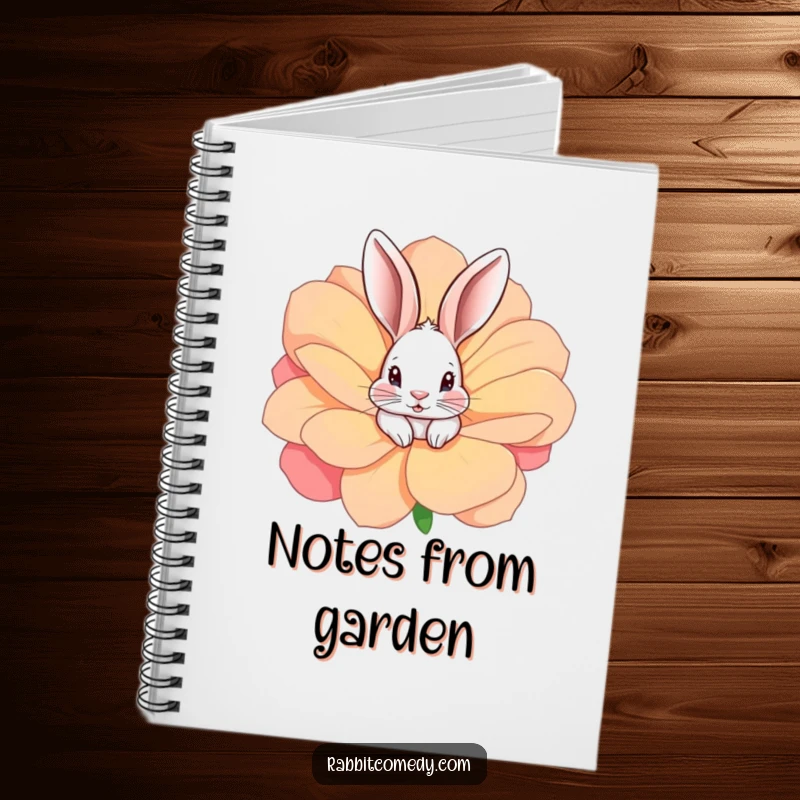 Funny rabbit peeking from a large, colorful flower, inspiring notes and doodles in this humorous notebook.