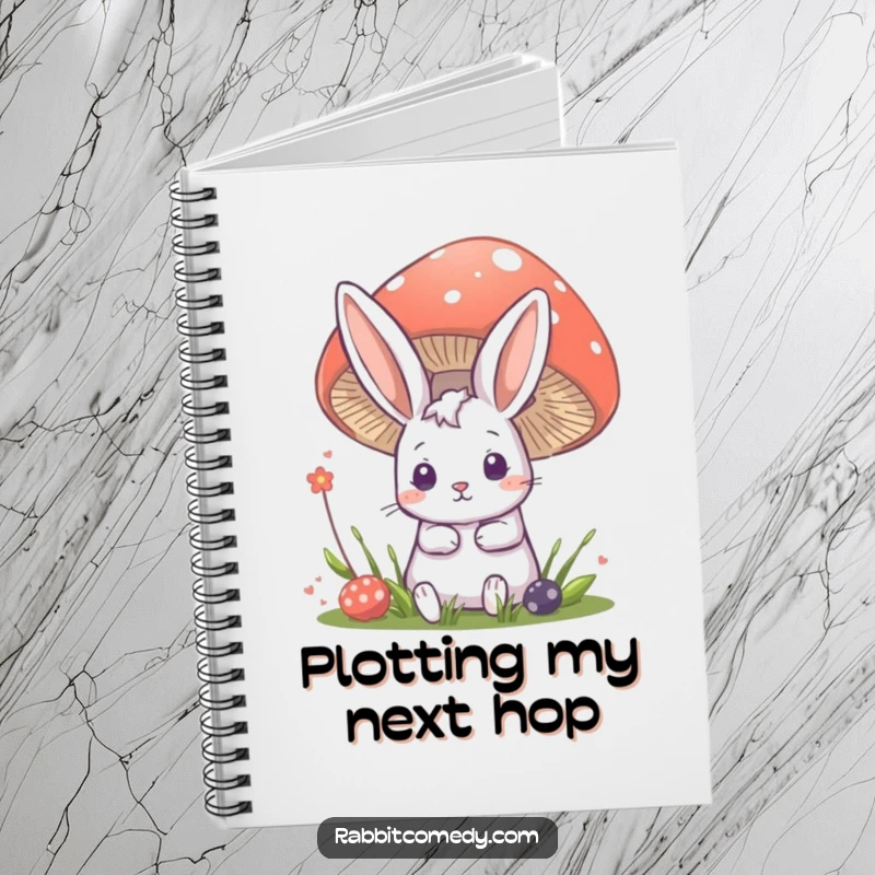 Funny rabbit notebook featuring a cute bunny peeking from behind a large mushroom, perfect for jotting down magical discoveries.