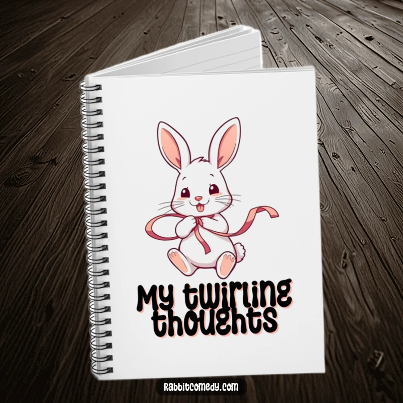 Funny rabbit character twirling a colorful ribbon with its paws on a notebook cover, for joyful note-taking