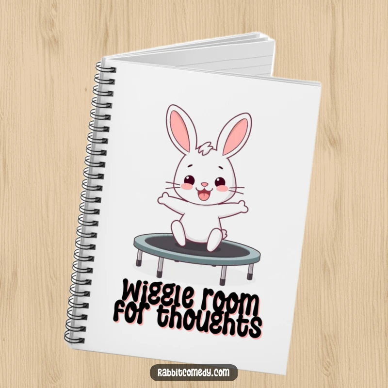 Funny rabbit notebook with a bunny wiggling with excitement while bouncing on a trampoline, ideal for notes and ideas.