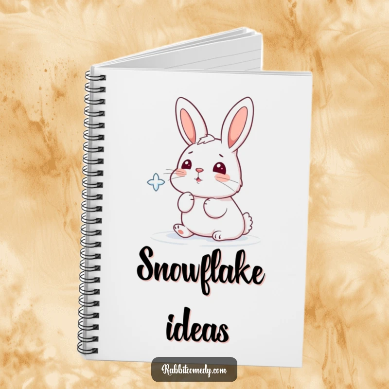Funny notebook cover featuring a cartoon rabbit playfully trying to catch a falling snowflake with its nose.