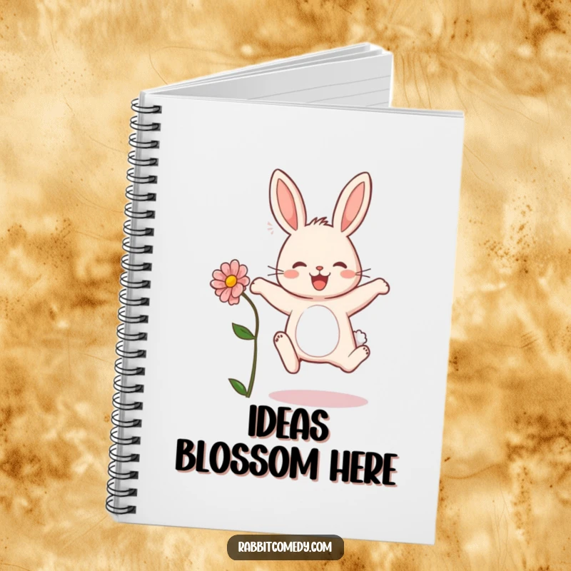Funny rabbit notebook with a happy bunny leaping with a flower, a delightful cover for notes and ideas.