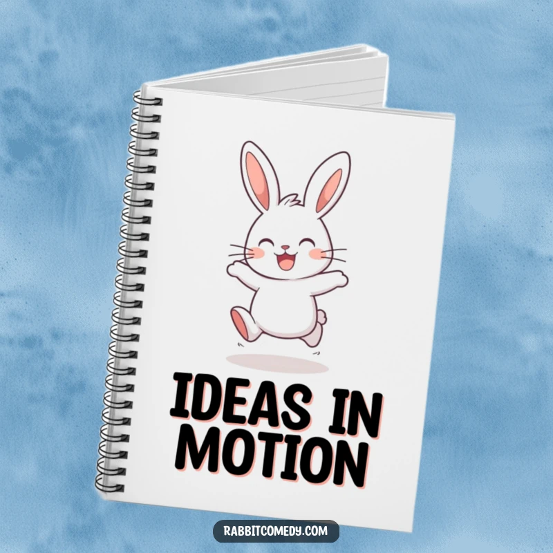 Funny rabbit notebook featuring a happy bunny, ears perked, joyfully hopping, providing a cheerful cover for your notes and plans.