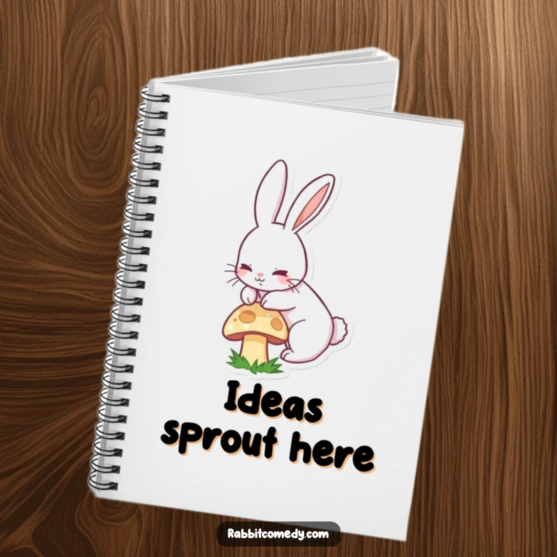 Funny notebook with a lively long-eared rabbit caught mid-boing over a small mushroom, ready for notes.