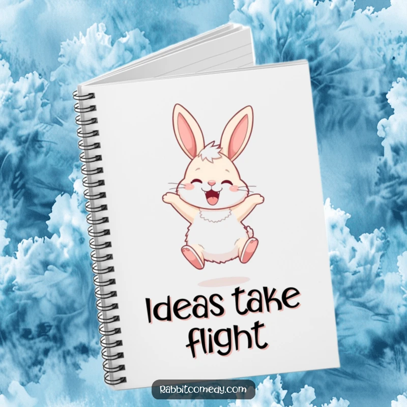 Funny Notebook featuring a fluffy rabbit with long ears hopping ecstatically, ideal for creative writing and joyful note-taking.