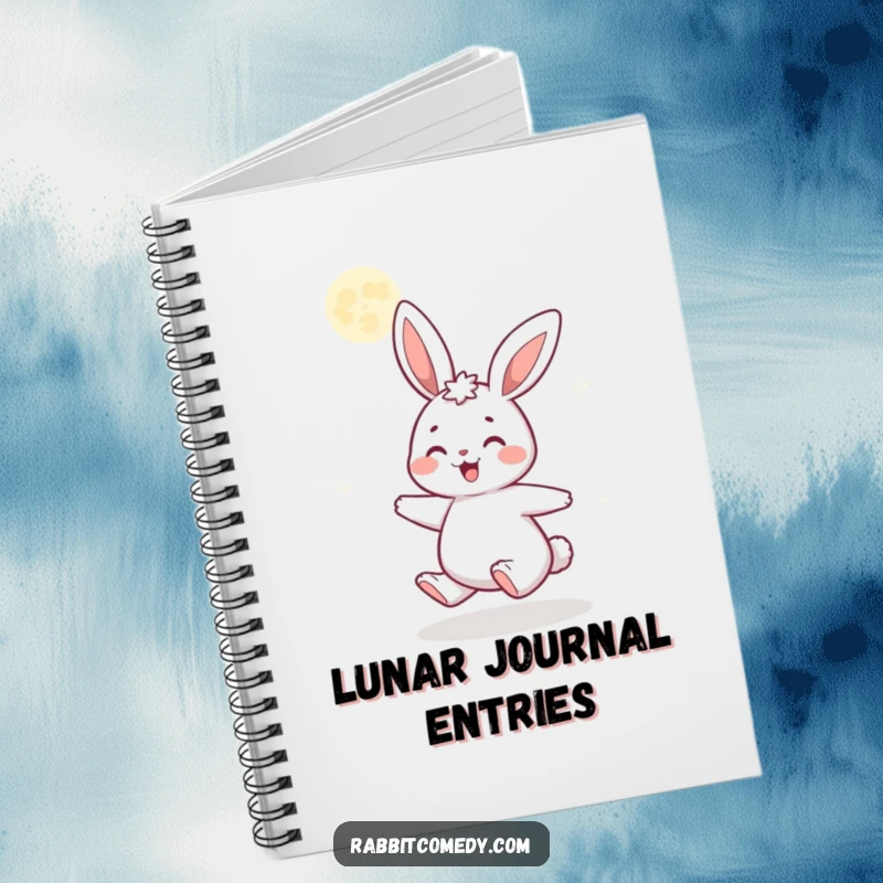 Funny notebook with a gleeful cartoon rabbit spinning under a sparkling, glittery moon, perfect for jotting down ideas with enchantment.
