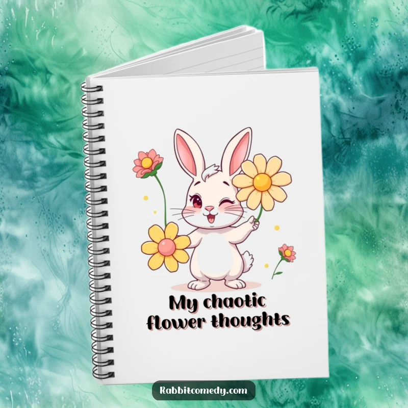 Funny notebook featuring a mischievous winking rabbit juggling oversized flowers, ideal for jotting down notes with a smile.
